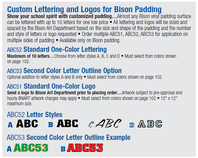Bison Padding Custom Lettering Chart